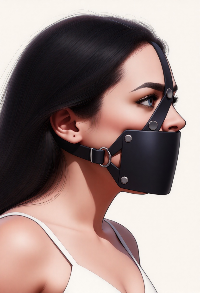 Create a high quality digital illustration of a woman seen from the side,  wearing a black leather gag harness,  featuring...