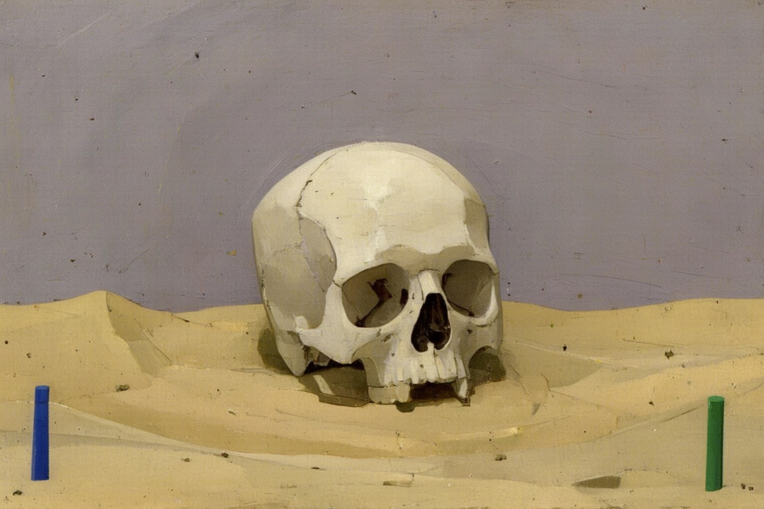 euanuglow2q painting. A human skull resting on a sandy surface. A small blue vertical marker is placed at the lower left c...