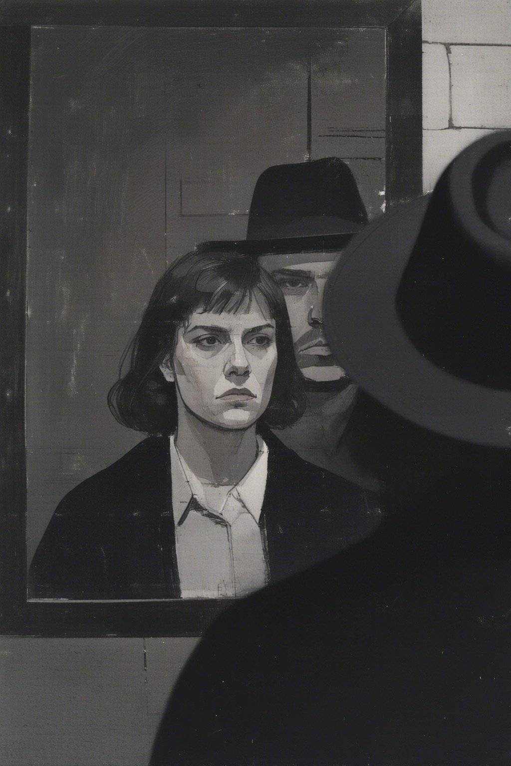 euanuglow2q painting. Black and white image captured through a reflection in a grimy or distressed mirror,  which creates...