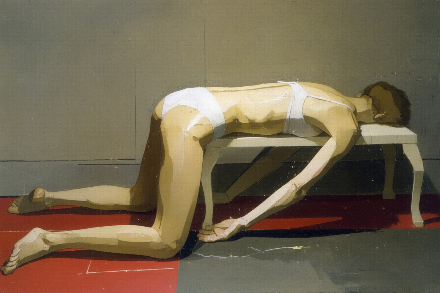 euanuglow2q painting. A woman in her underwear and bras kneeling on a red and gray floor,  leaning forward with her head r...