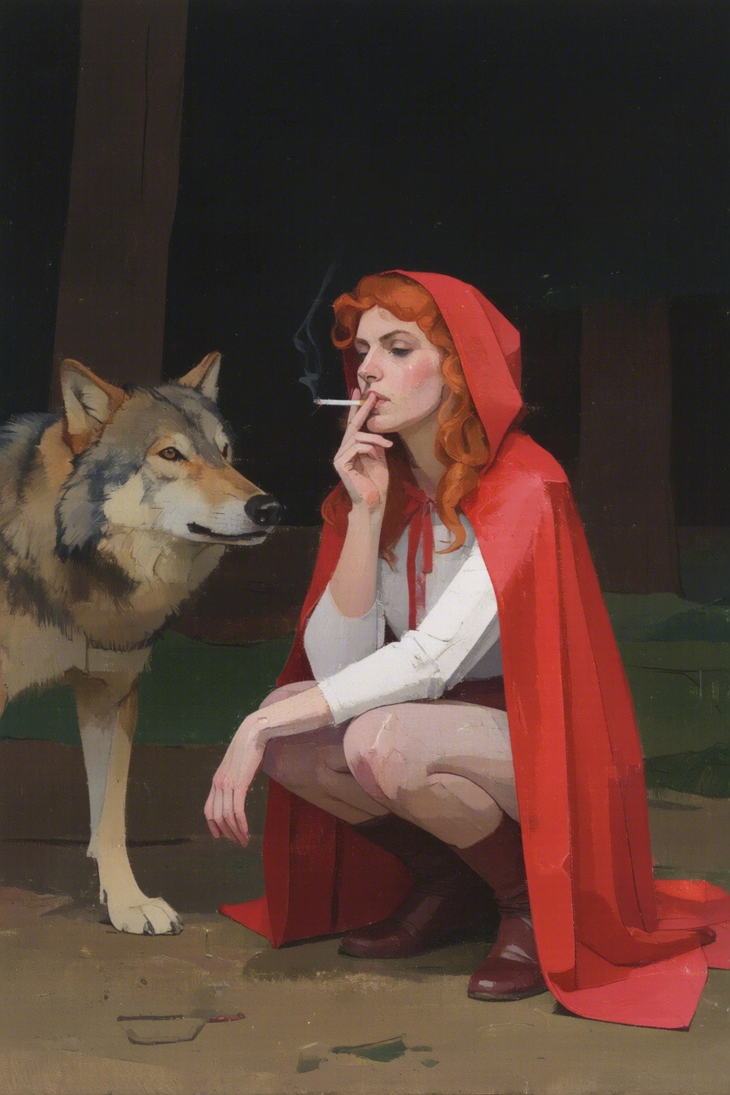 euanuglow2q painting. A woman with red wavy hair,  dressed as Little Red Ridding Hood squatting beside the Big Bad Wolf. S...