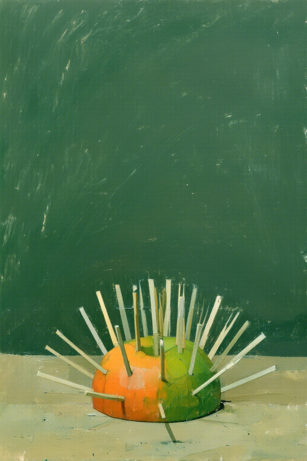 euanuglow2q painting. Half of a yellow-green apple is pierced by multiple white wooden skewers,  each skewer protruding in...