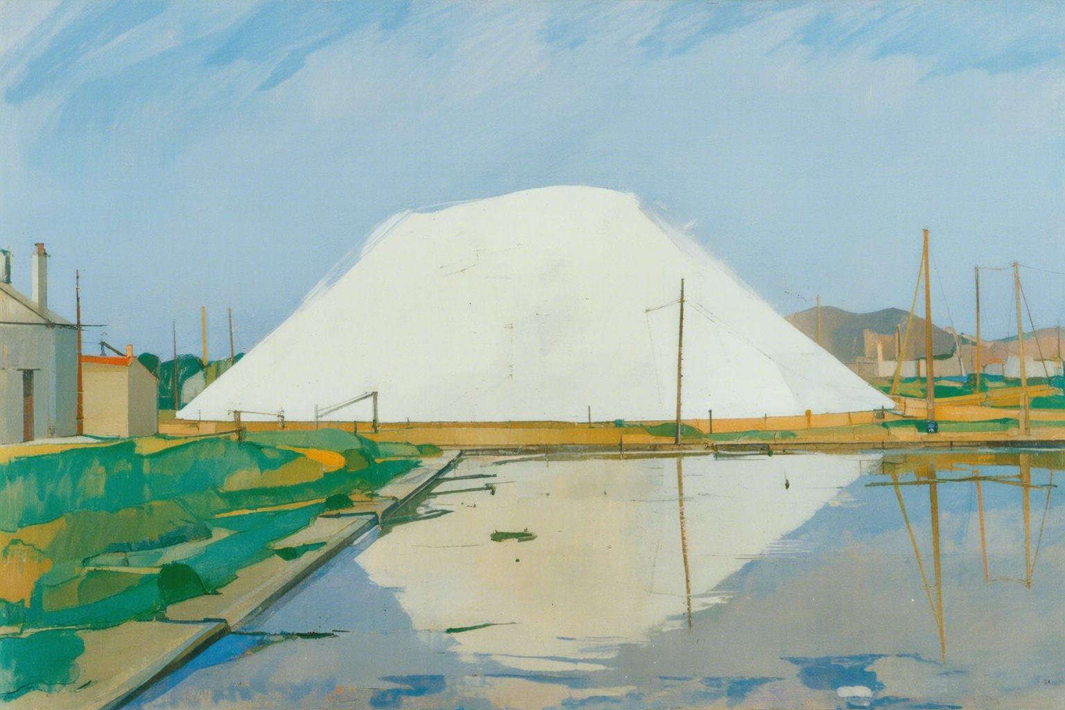 euanuglow2q painting. A large white mound surrounded by a calm body of water reflecting its image. The mound is flanked by...