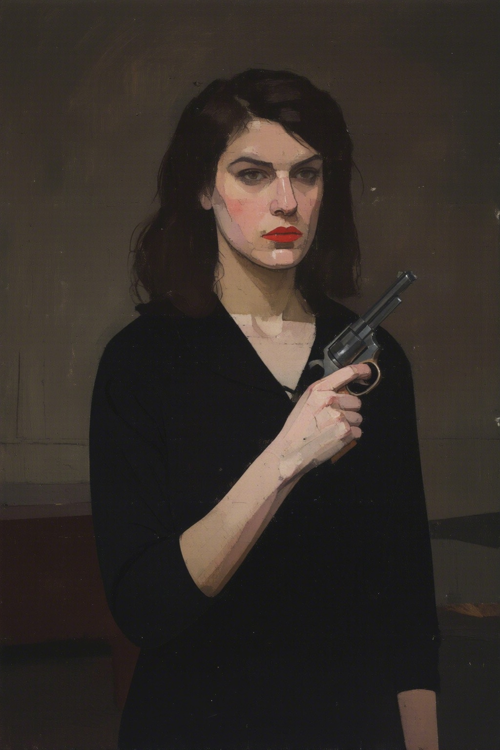euanuglow2q painting. A mysterious woman with dark,  wavy hair and piercing eyes stands in the shadows of a dimly lit room...