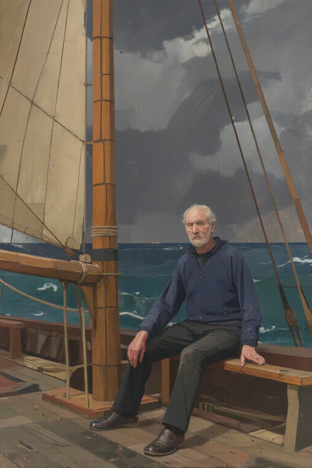 euanuglow2q painting. 80 yo old male fisherman sailor man sitting on deck of old dilapidated wooden sailboat,  stormy sea,...
