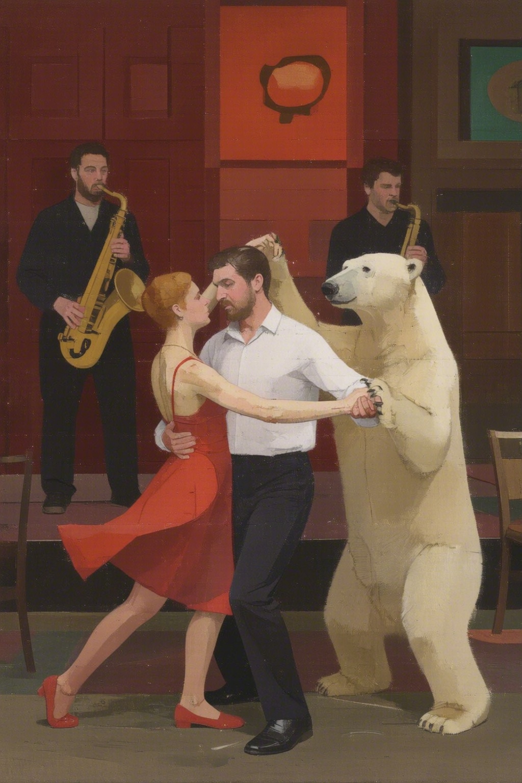 euanuglow2q painting. A man and a woman dancing with a polar bear at a jazz club. A band is playing in the background. on...