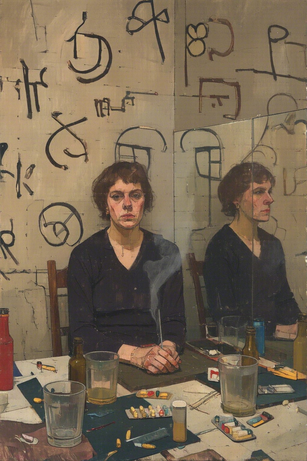 euanuglow2q painting. Woman seated at a cluttered table,  surrounded by mirrored reflections of herself. The scene is fill...