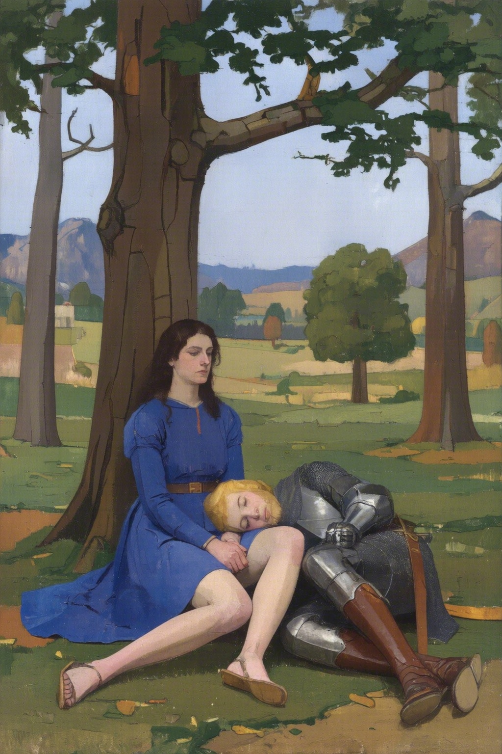 euanuglow2q painting. A blonde knight and a lady sitting under a tree. The lady has dark hair and is wearing a blue dress....