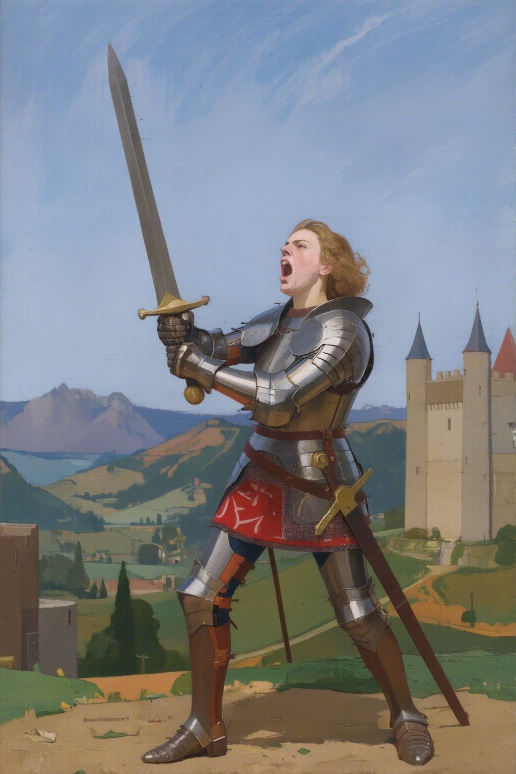 euanuglow2q painting. Young woman in medieval metal armor,  lifting a giant sword toward the sky. She is shouting angrily....