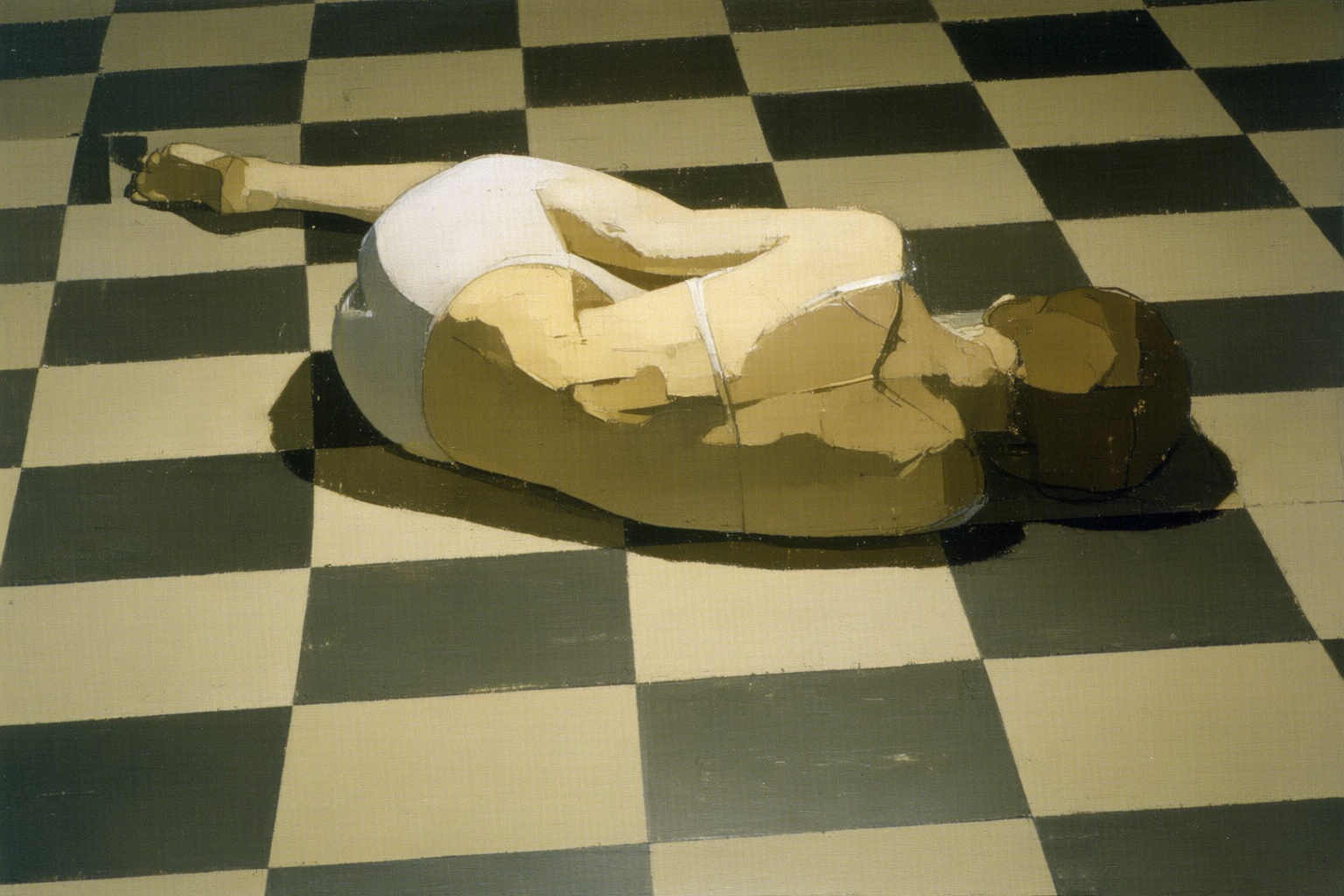 euanuglow2q painting. A woman in her underwear,  her back to the viewer,  is lying on her side in a fetal position on a ch...