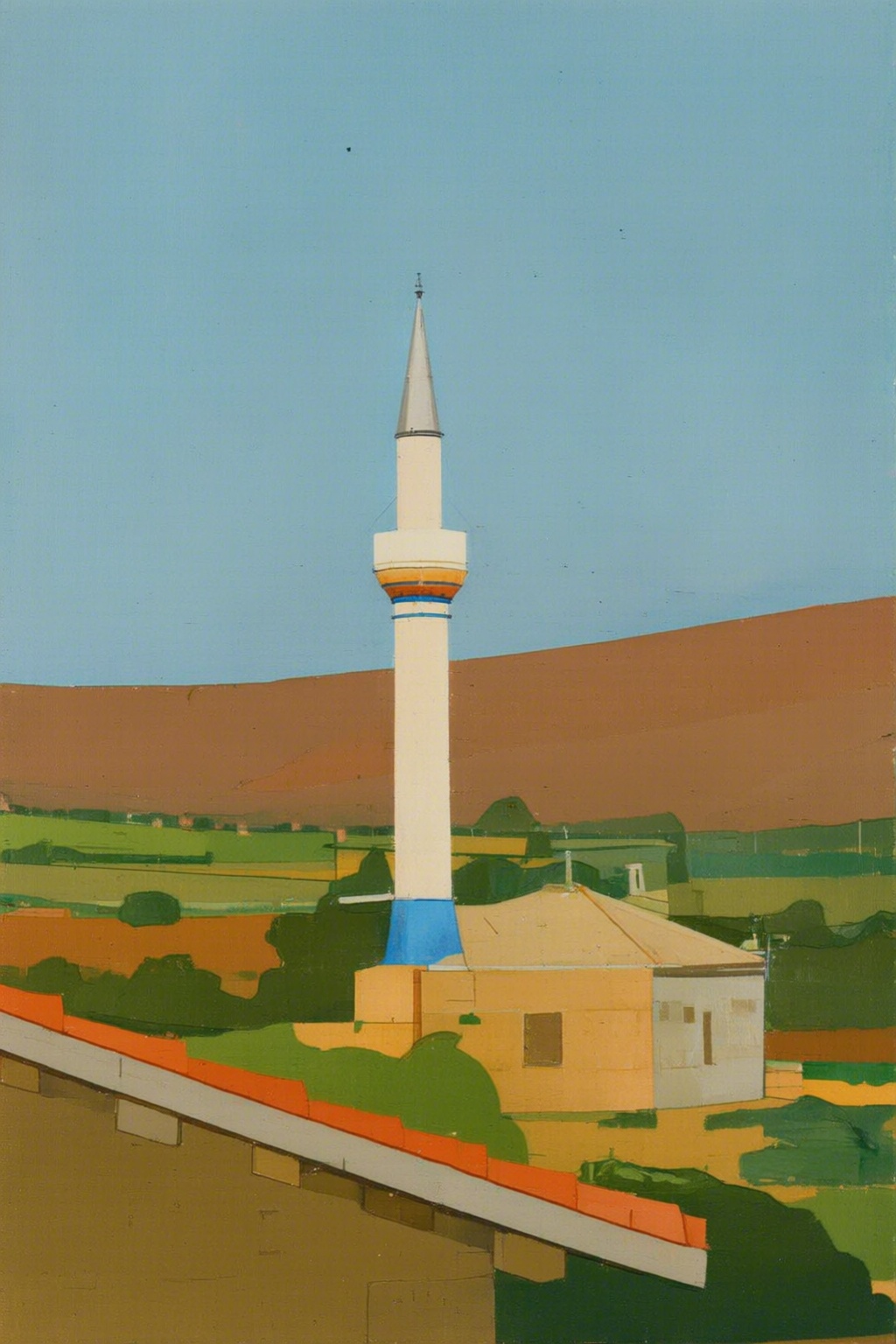 euanuglow2q painting. A building with a tall minaret surrounded by a small building with a flat roof. The foreground inclu...