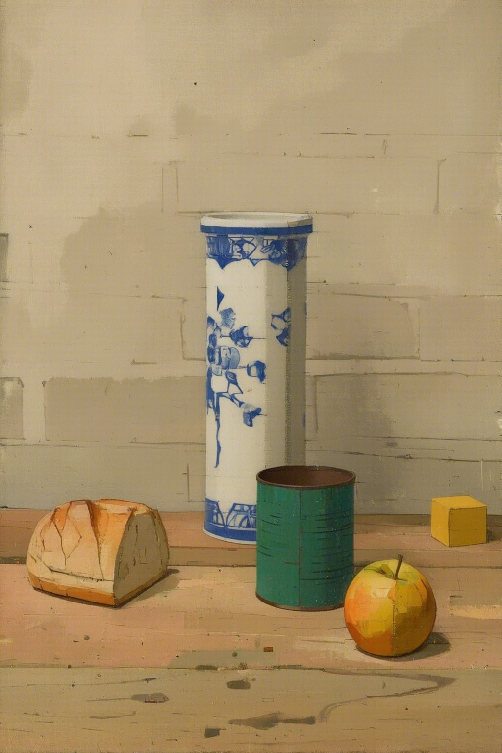 euanuglow2q painting. A still life scene with half a loaf of bread,  a green metal can,  and a small yellow cube on a wood...