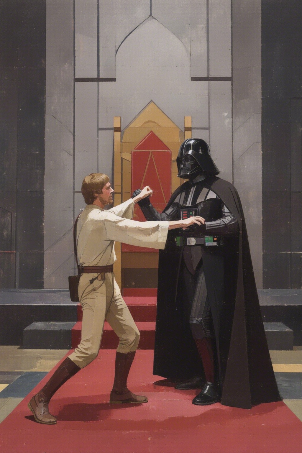euanuglow2q painting. Luke Skywalker dancing with Darth Vader inside the Emperor's Throne Room on Tensor.Art