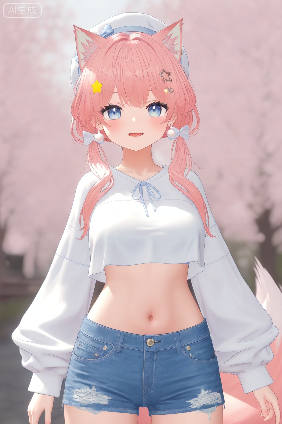 1girl, solo, long hair, breasts, looking at viewer,cute,kawaii,3D CG rendering,
blue eyes
shirt
long sleeves
hair ornament
hat
bow
navel
animal ears
jewelry
twintails
standing
tail
white shirt
pink hair
hair bow
cowboy shot
earrings
parted lips
shorts
virtual youtuber
fang
midriff
stomach
star \(symbol\)
blurry
animal ear fluff
crop top
fox ears
short shorts
blurry background
white headwear
low twintails
beret
fox girl
denim
puffy long sleeves
blue shorts
denim shorts
star hair ornament
arms at sides
master work,32K,UHD,perfect work,masterpiece,best quality,high quality,ultra-detailed,