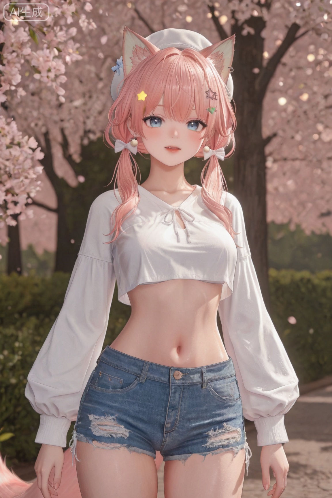 1girl, solo, long hair, breasts, looking at viewer,cute,kawaii,3D CG rendering,
blue eyes
shirt
long sleeves
hair ornament
hat
bow
navel
animal ears
jewelry
twintails
standing
tail
white shirt
pink hair
hair bow
cowboy shot
earrings
parted lips
shorts
virtual youtuber
fang
midriff
stomach
star \(symbol\)
blurry
animal ear fluff
crop top
fox ears
short shorts
blurry background
white headwear
low twintails
beret
fox girl
denim
puffy long sleeves
blue shorts
denim shorts
star hair ornament
arms at sides
master work,32K,UHD,perfect work,masterpiece,best quality,high quality,ultra-detailed,