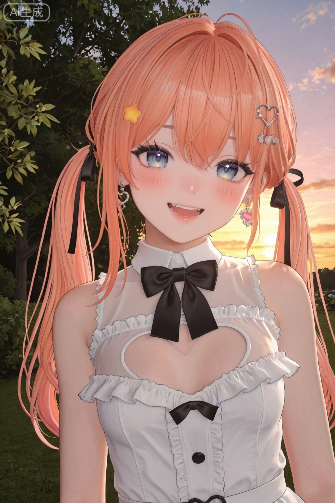 1girl, solo, long hair, breasts, looking at viewer,cute,kawaii,3D CG rendering,
blush
smile
open mouth
blue eyes
hair ornament
dress
bow
ribbon
hair between eyes
jewelry
bare shoulders
twintails
upper body
pink hair
hair ribbon
heart
:d
outdoors
earrings
small breasts
frills
teeth
sky
virtual youtuber
bowtie
white dress
orange hair
tree
see-through
clothing cutout
sleeveless dress
black ribbon
cleavage cutout
sunset
heart hair ornament
master work,32K,UHD,perfect work,masterpiece,best quality,high quality,ultra-detailed,
