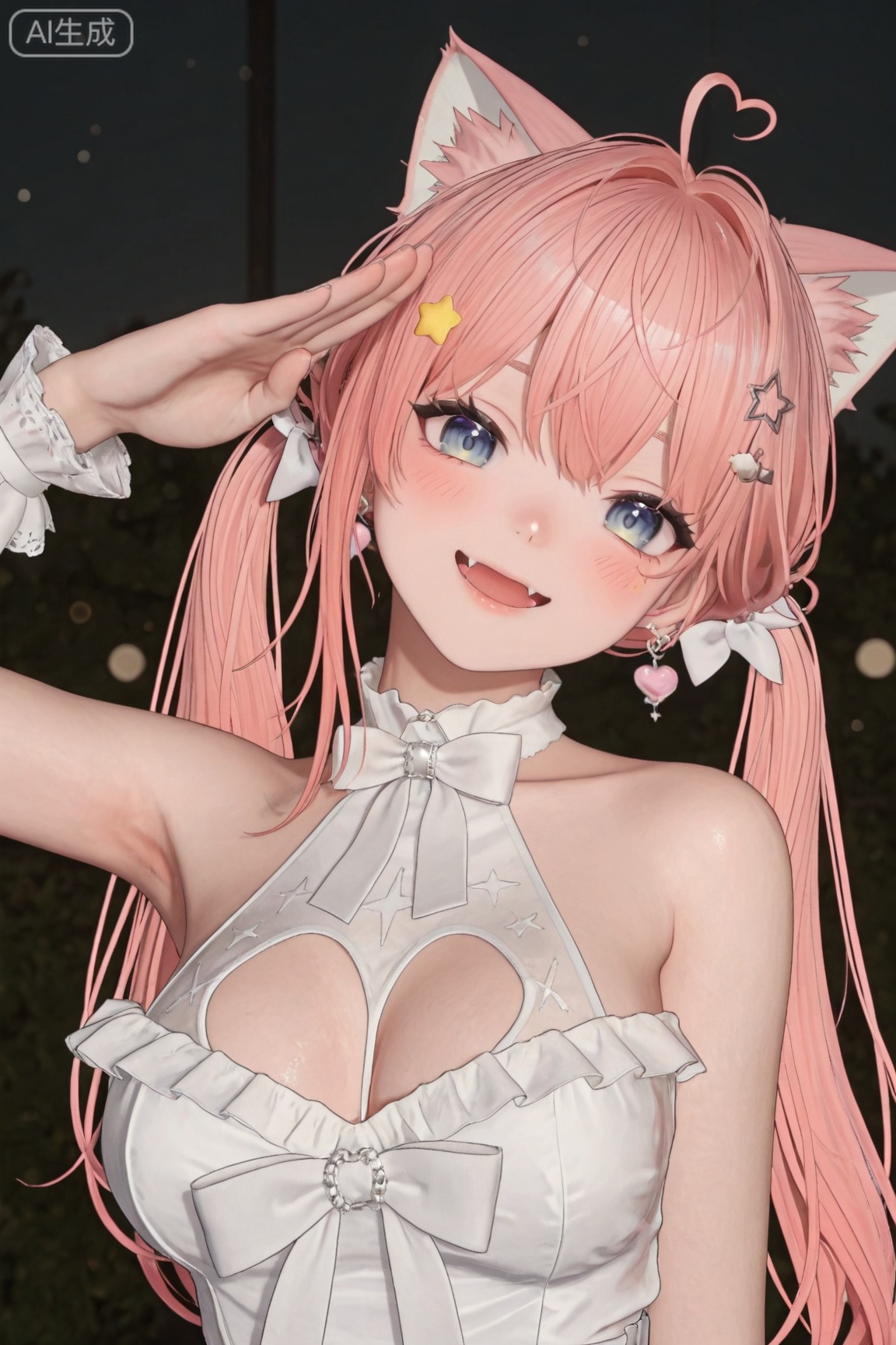 1girl, solo, long hair, breasts, looking at viewer,cute,kawaii,3D CG rendering,
smile
open mouth
blue eyes
hair ornament
dress
bow
animal ears
ribbon
jewelry
bare shoulders
twintails
upper body
pink hair
ahoge
heart
earrings
virtual youtuber
fang
cat ears
white dress
star \(symbol\)
arm up
wrist cuffs
head tilt
fangs
white bow
star hair ornament
salute
master work,32K,UHD,perfect work,masterpiece,best quality,high quality,ultra-detailed,