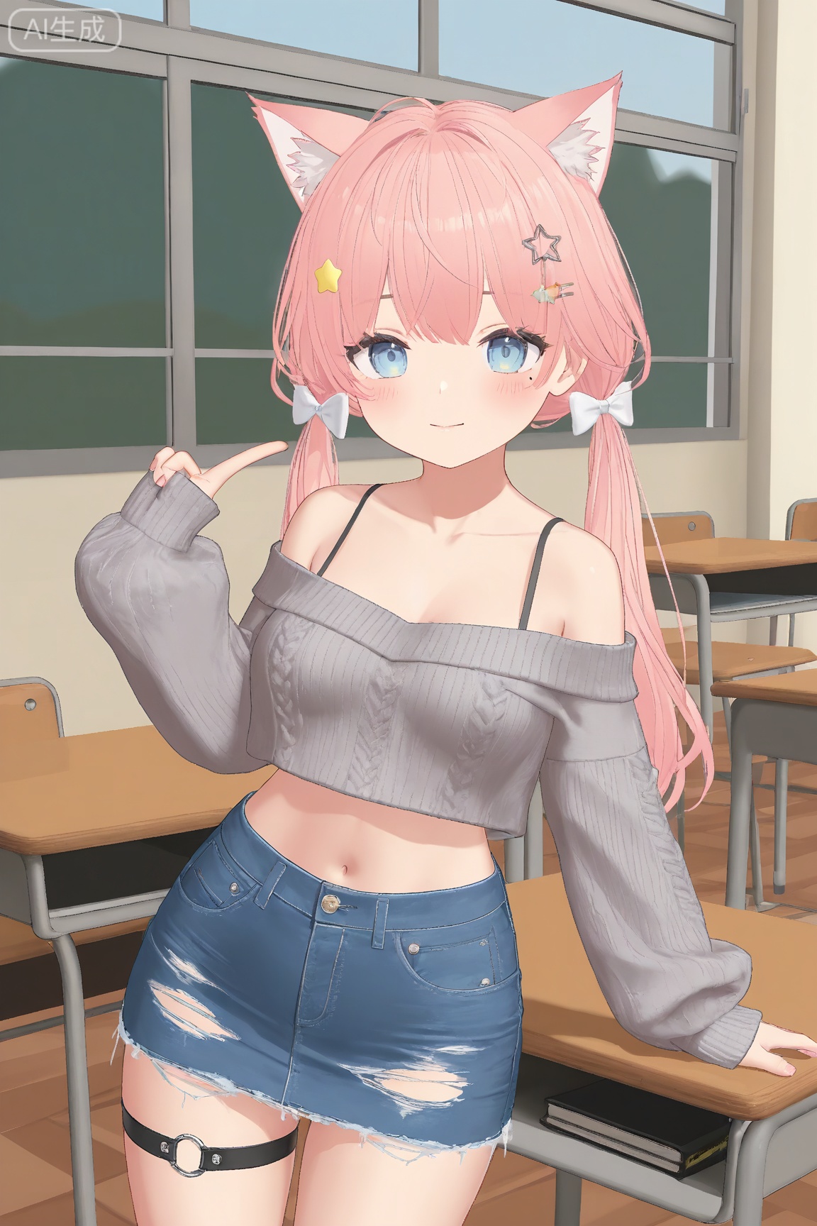 1girl, solo, long hair, breasts, looking at viewer,cute,kawaii,
blush
blue eyes
skirt
long sleeves
hair ornament
bow
animal ears
closed mouth
bare shoulders
twintails
medium breasts
standing
collarbone
pink hair
hair bow
small breasts
shorts
virtual youtuber
indoors
midriff
off shoulder
star \(symbol\)
mole
sweater
animal ear fluff
see-through
torn clothes
fox ears
window
thigh strap
low twintails
fox girl
denim
desk
denim shorts
star hair ornament
classroom
school desk
grey sweater
cutoffs
off-shoulder sweater
torn shorts
denim skirt
cropped sweater
master work,32K,UHD,perfect work,masterpiece,best quality,high quality,ultra-detailed,