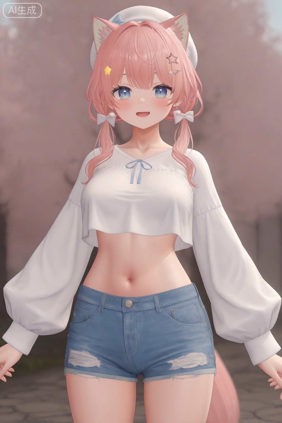 1girl, solo, long hair, breasts, looking at viewer,cute,kawaii,3D CG rendering,
blue eyes
shirt
long sleeves
hair ornament
hat
bow
navel
animal ears
jewelry
twintails
standing
tail
white shirt
pink hair
hair bow
cowboy shot
earrings
parted lips
shorts
virtual youtuber
fang
midriff
stomach
star \(symbol\)
blurry
animal ear fluff
crop top
fox ears
short shorts
blurry background
white headwear
low twintails
beret
fox girl
denim
puffy long sleeves
blue shorts
denim shorts
star hair ornament
arms at sides
master work,32K,UHD,perfect work,masterpiece,best quality,high quality,ultra-detailed,