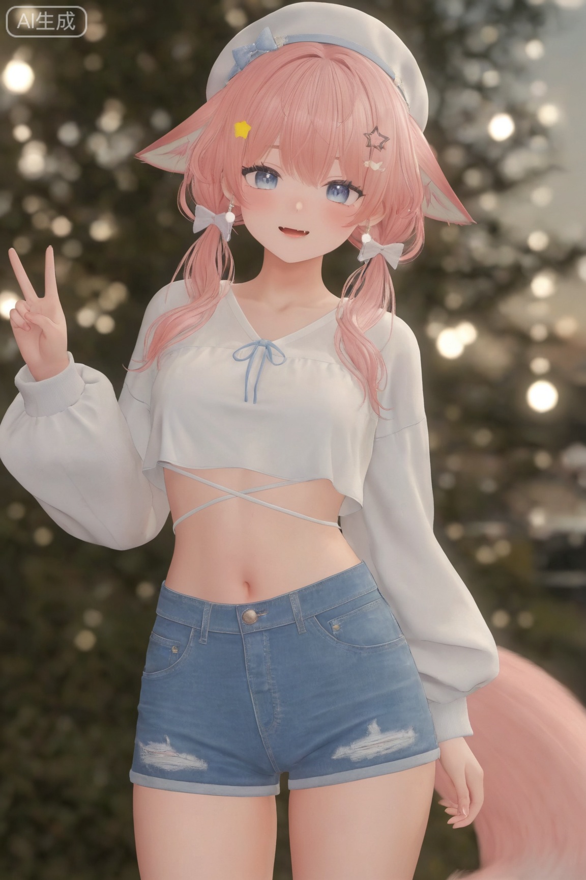 1girl, solo, long hair, breasts, looking at viewer,cute,kawaii,3D CG rendering,
blue eyes
shirt
long sleeves
hair ornament
hat
bow
navel
animal ears
jewelry
twintails
standing
tail
white shirt
pink hair
hair bow
cowboy shot
earrings
parted lips
shorts
virtual youtuber
fang
midriff
stomach
star \(symbol\)
blurry
animal ear fluff
crop top
fox ears
short shorts
blurry background
white headwear
low twintails
beret
fox girl
denim
puffy long sleeves
blue shorts
denim shorts
star hair ornament
arms at sides
master work,32K,UHD,perfect work,masterpiece,best quality,high quality,ultra-detailed,