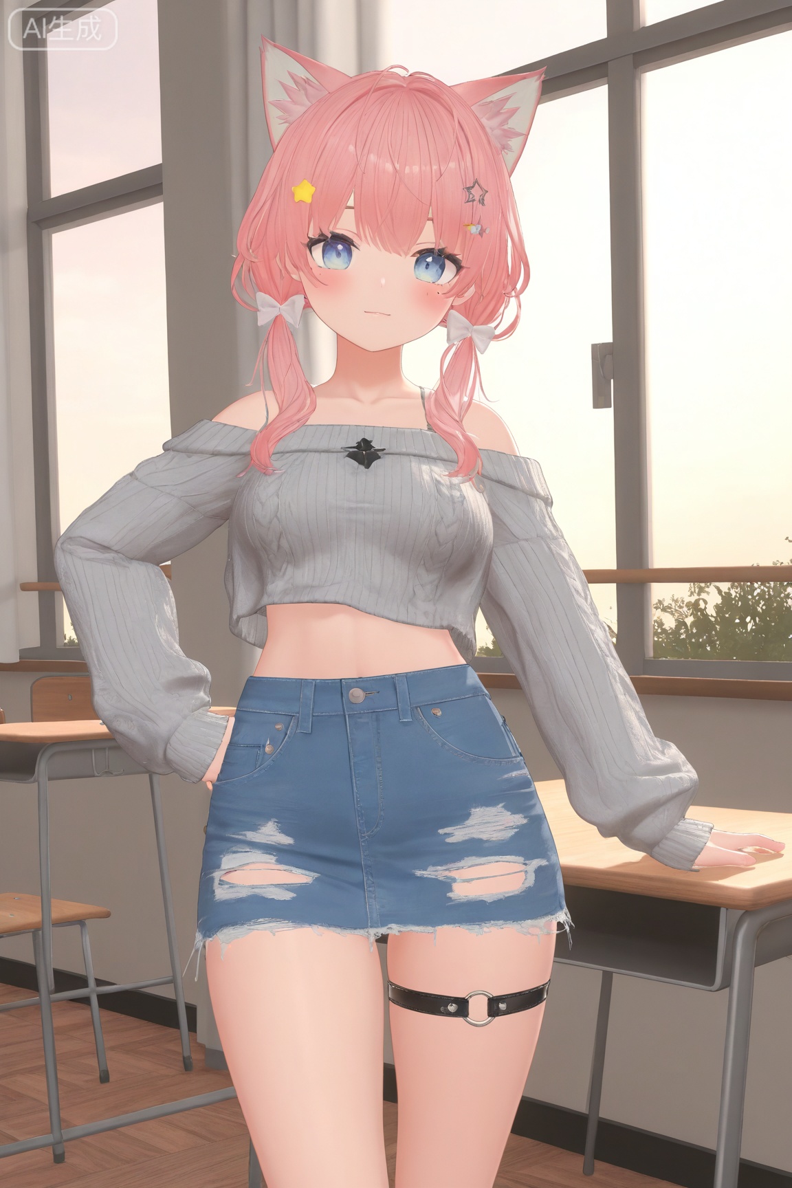 1girl, solo, long hair, breasts, looking at viewer,cute,kawaii,3D CG rendering,
blush
blue eyes
skirt
long sleeves
hair ornament
bow
animal ears
closed mouth
bare shoulders
twintails
medium breasts
standing
collarbone
pink hair
hair bow
small breasts
shorts
virtual youtuber
indoors
midriff
off shoulder
star \(symbol\)
mole
sweater
animal ear fluff
see-through
torn clothes
fox ears
window
thigh strap
low twintails
fox girl
denim
desk
denim shorts
star hair ornament
classroom
school desk
grey sweater
cutoffs
off-shoulder sweater
torn shorts
denim skirt
cropped sweater
master work,32K,UHD,perfect work,masterpiece,best quality,high quality,ultra-detailed,
