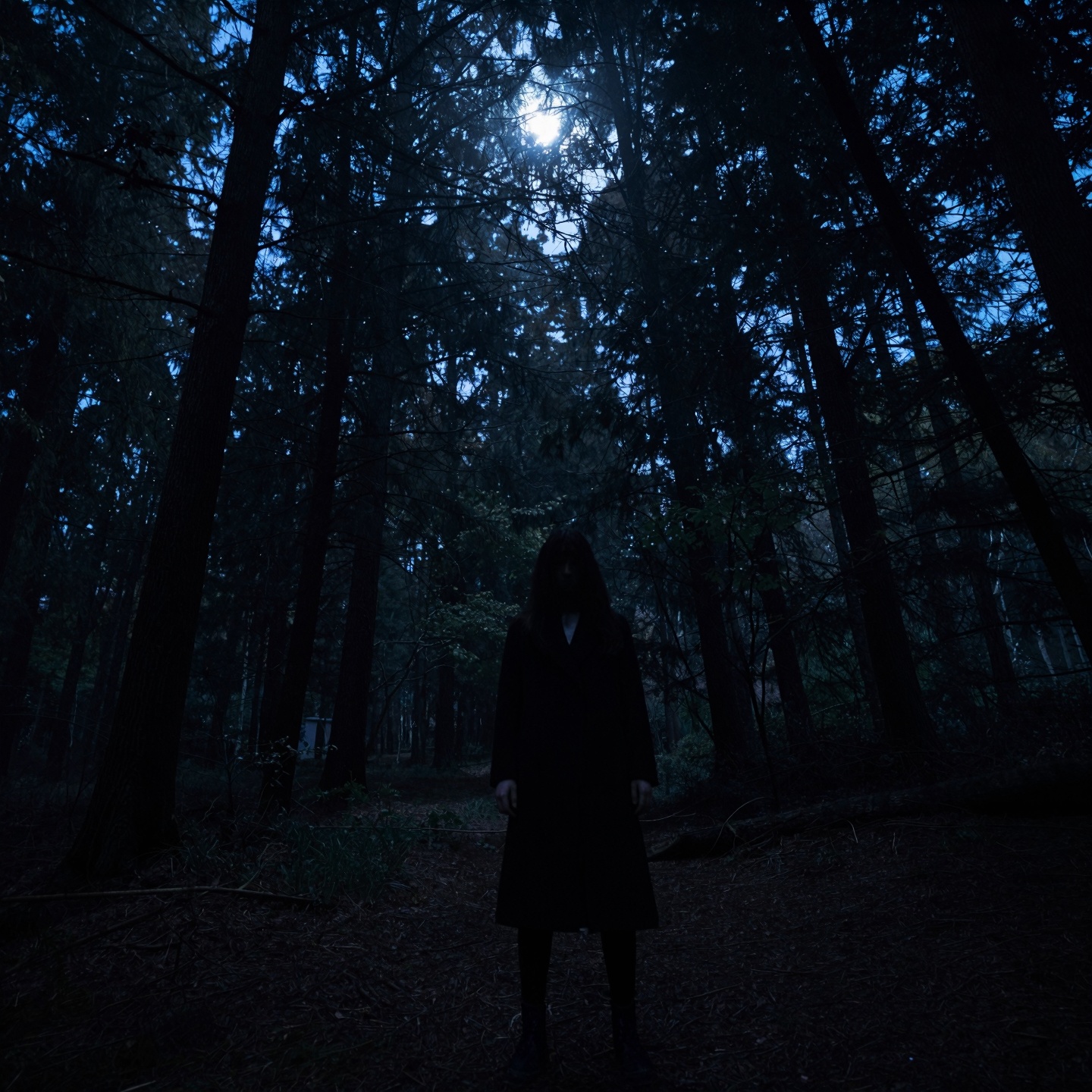 A somber,  dark blue-hued realism depiction: a solitary figure stands at the edge of a dense forest,  surrounded by toweri...