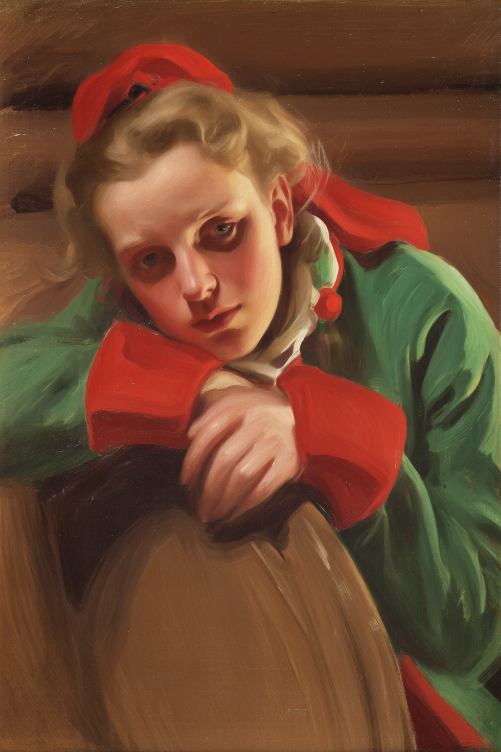 anderszorn2q painting. A young blonde woman with a melancholic expression,  shown close-up. She has light blonde hair styl...