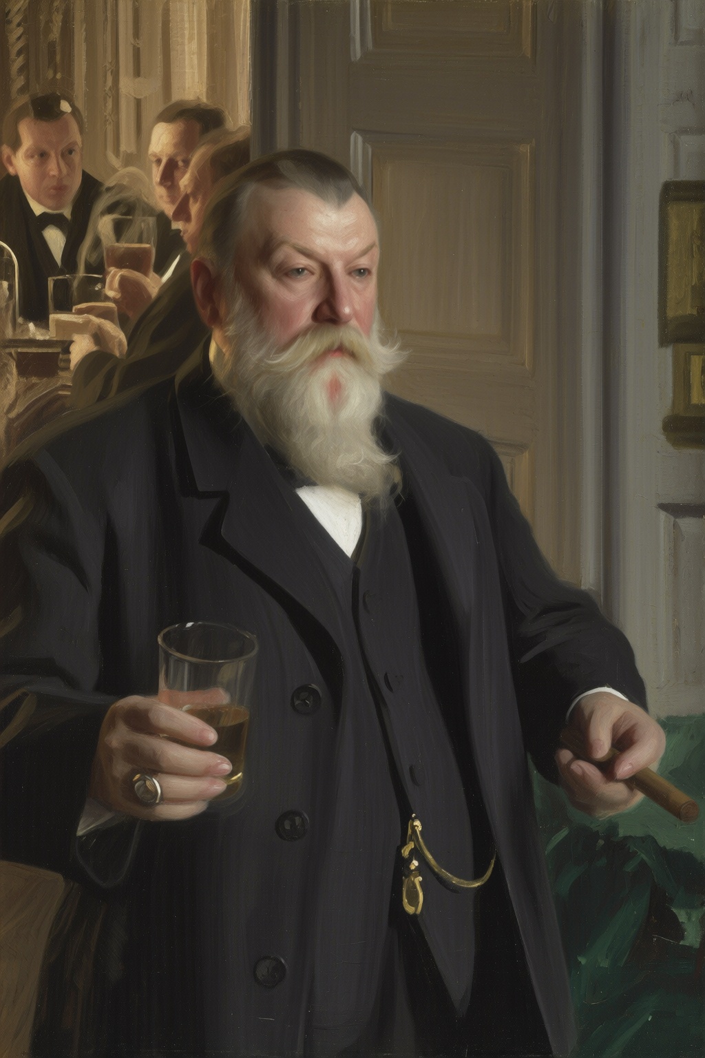 anderszorn2q painting. An elderly man with a long white beard and mustache,  dressed in Victorian-era attire,  holds a gla...
