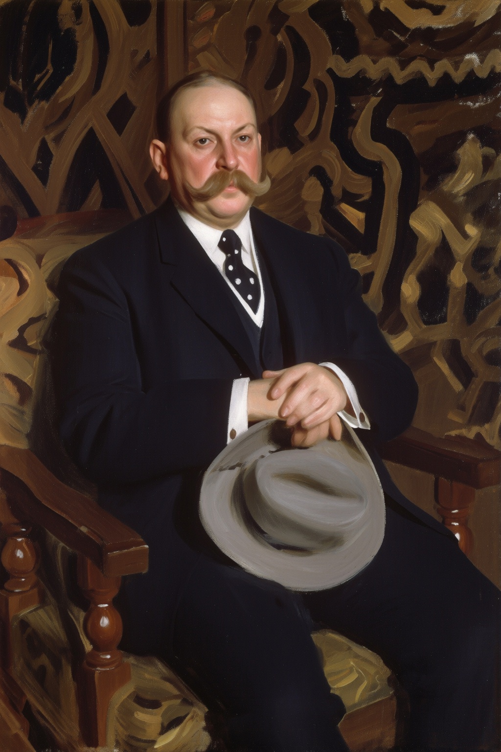 anderszorn2q painting. A middle-aged man with thinning hair and a walrus mustache is seated in a wooden armchair with a ri...