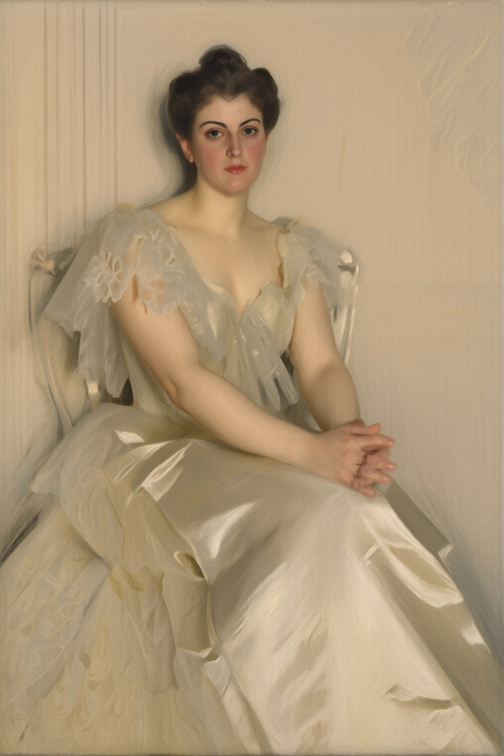 anderszorn2q painting. A seated woman,  her hair styled in an updo,  gazes directly at the viewer. She is dressed in an el...