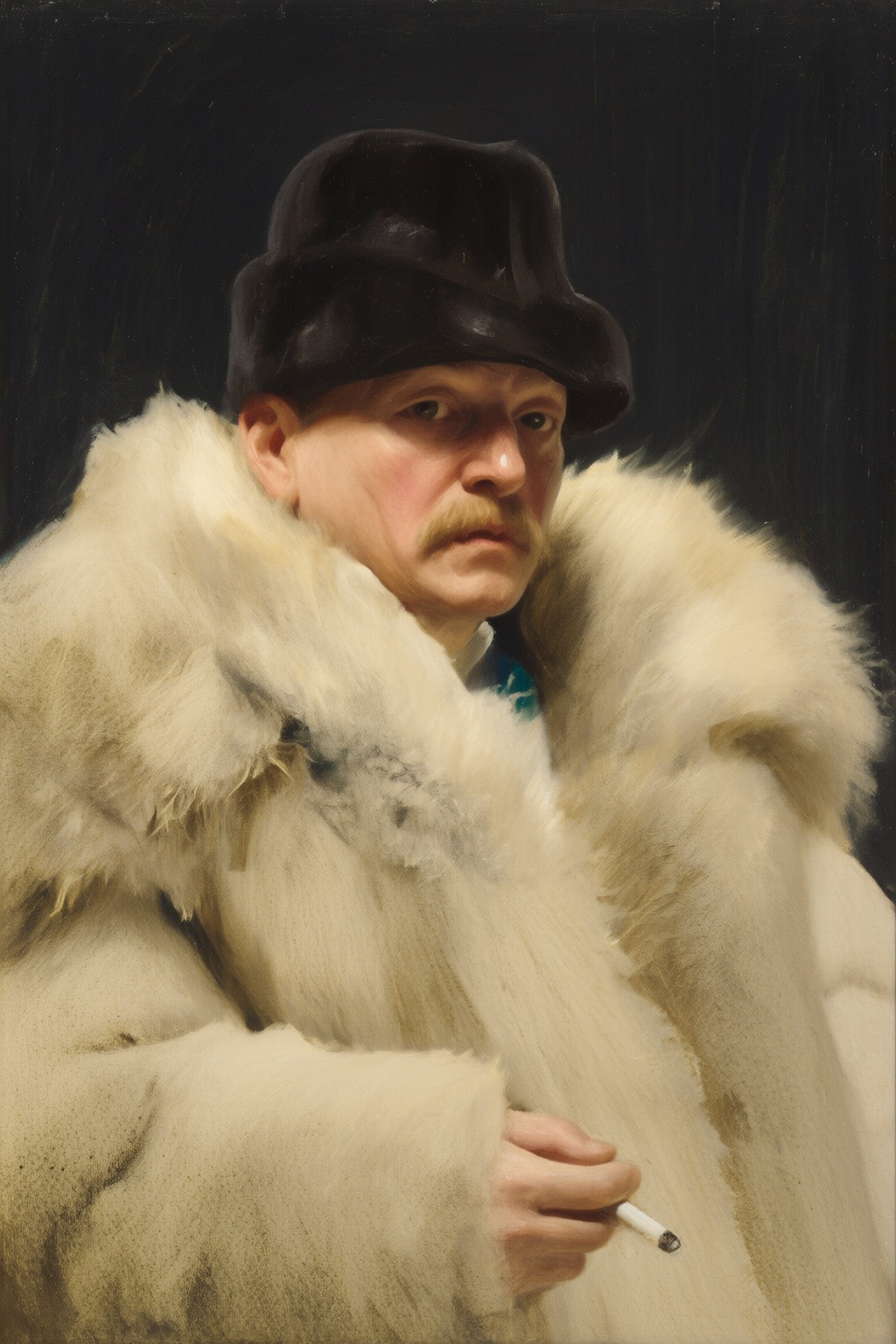 anderszorn2q painting. An elderly man with a mustache glances toward the viewer. He is wearing a black fur hat and a thick...
