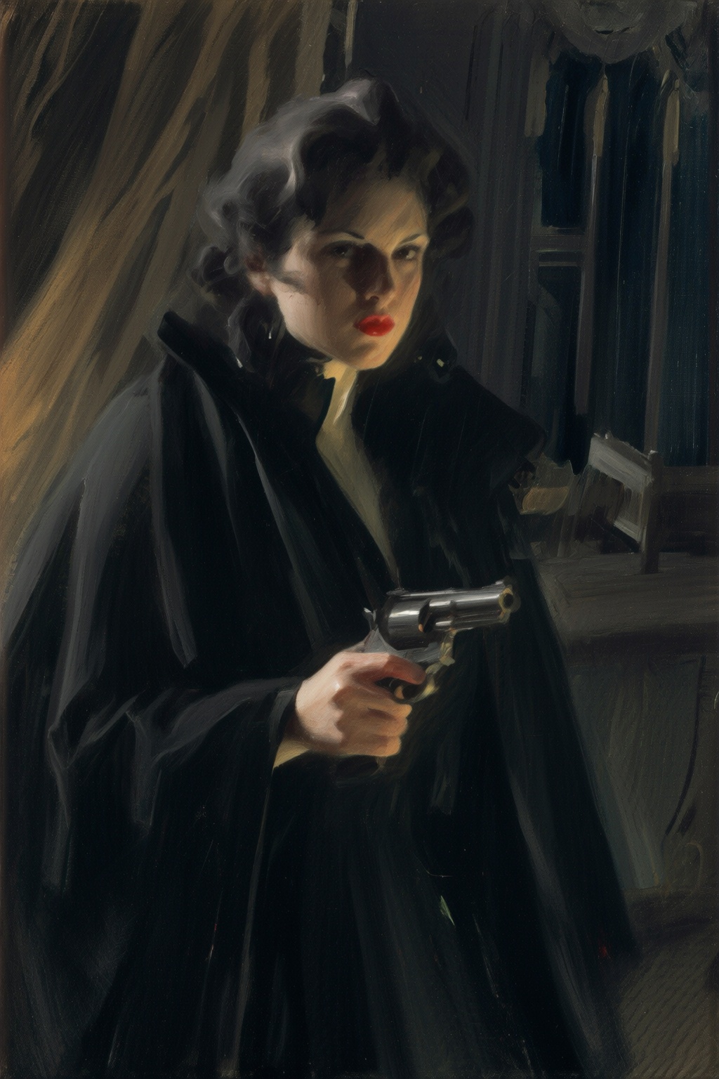 anderszorn2q painting. A mysterious woman with dark,  wavy hair and piercing eyes stands in the shadows of a dimly lit roo...