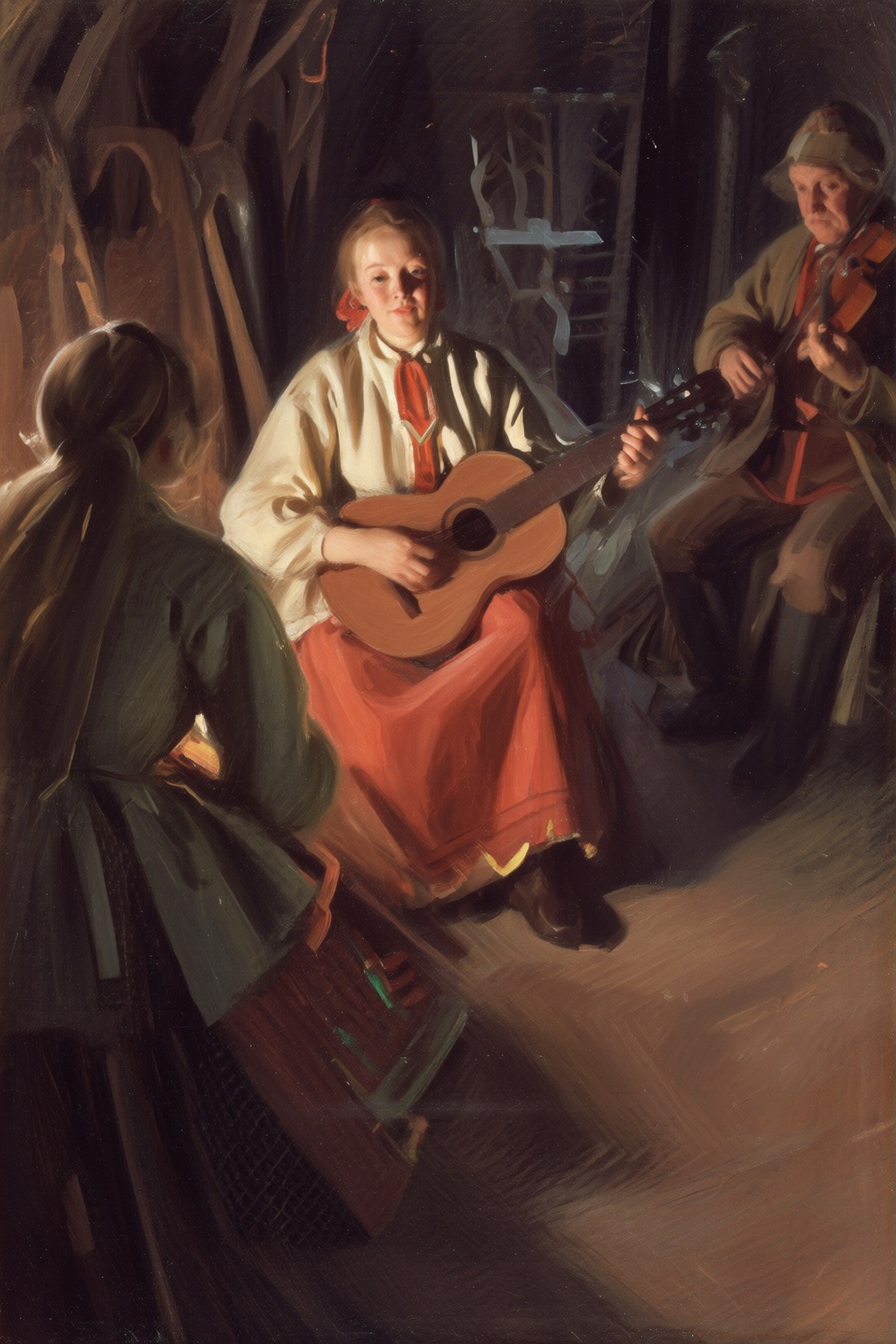 anderszorn2q painting. A rustic,  dimly lit farmhouse interior with warm,  earthy tones. At the center on Tensor.Art