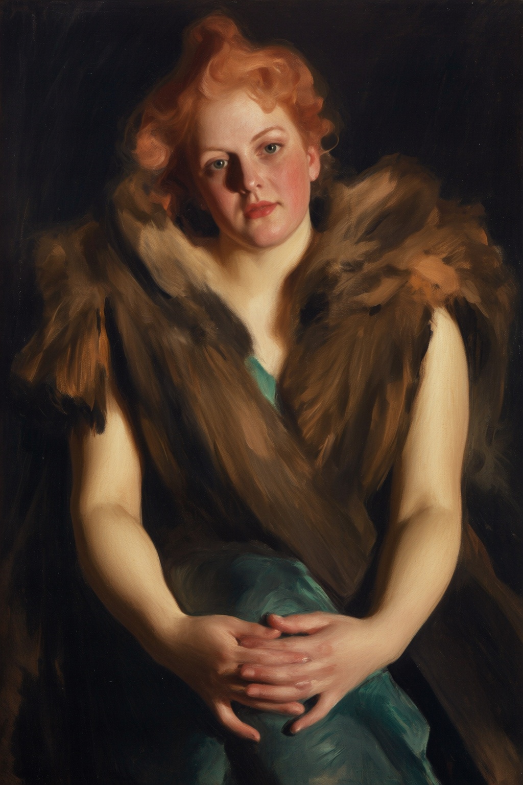 anderszorn2q painting. A seated woman with short,  curly red hair styled in a loose,  natural manner sits with her hands w...
