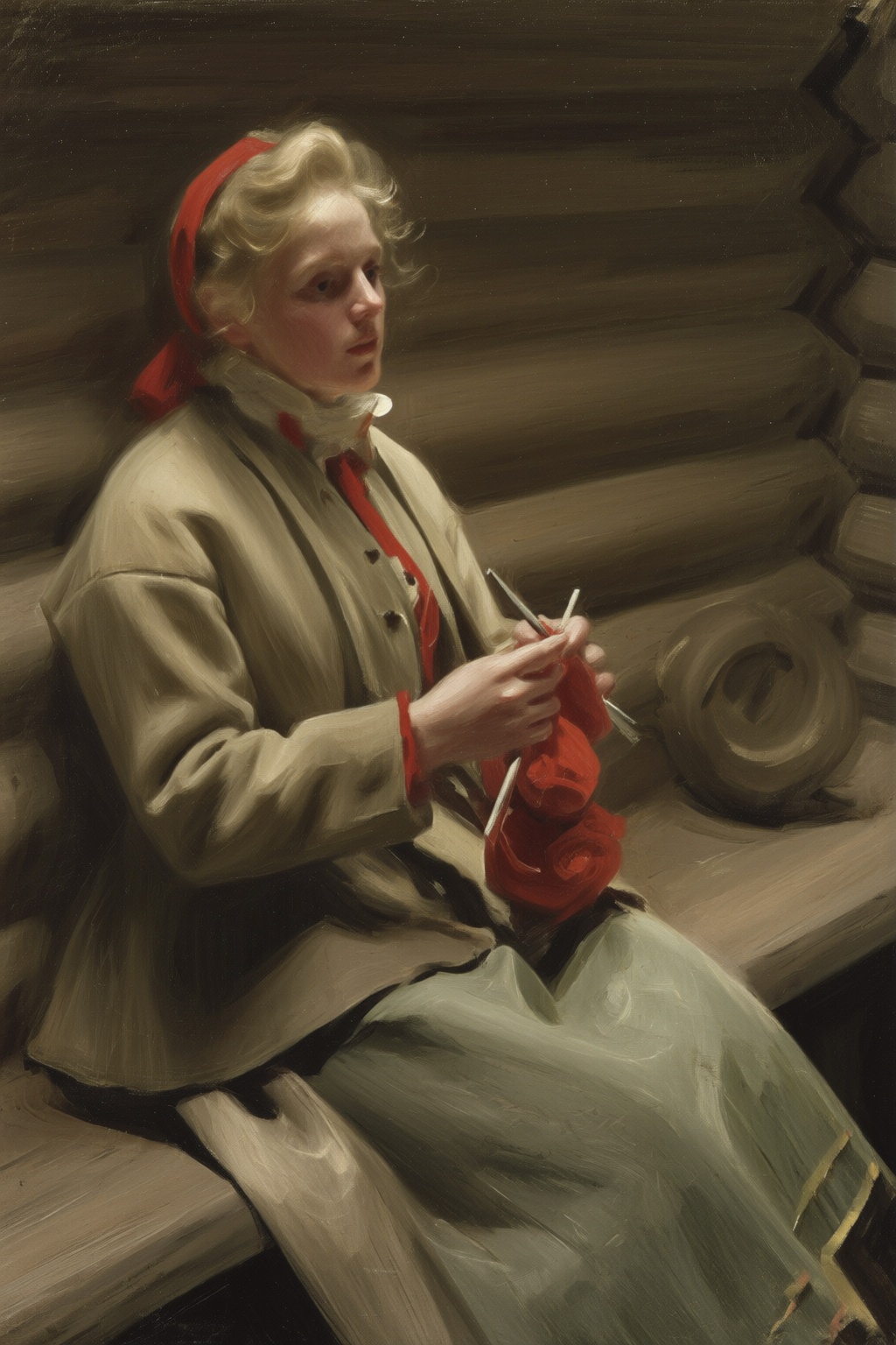 anderszorn2q painting. A blonde woman sits in a rustic wooden cabin. She has curly blonde hair with a red hairband and is...