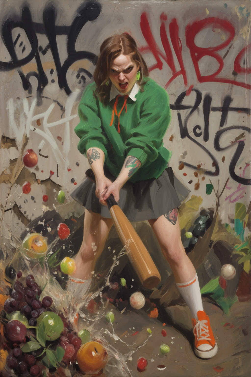 anderszorn2q painting. Liquid splash,  juicy fruits chaos,  dynamic pose. Full-body shot a young woman threateningly holdi...