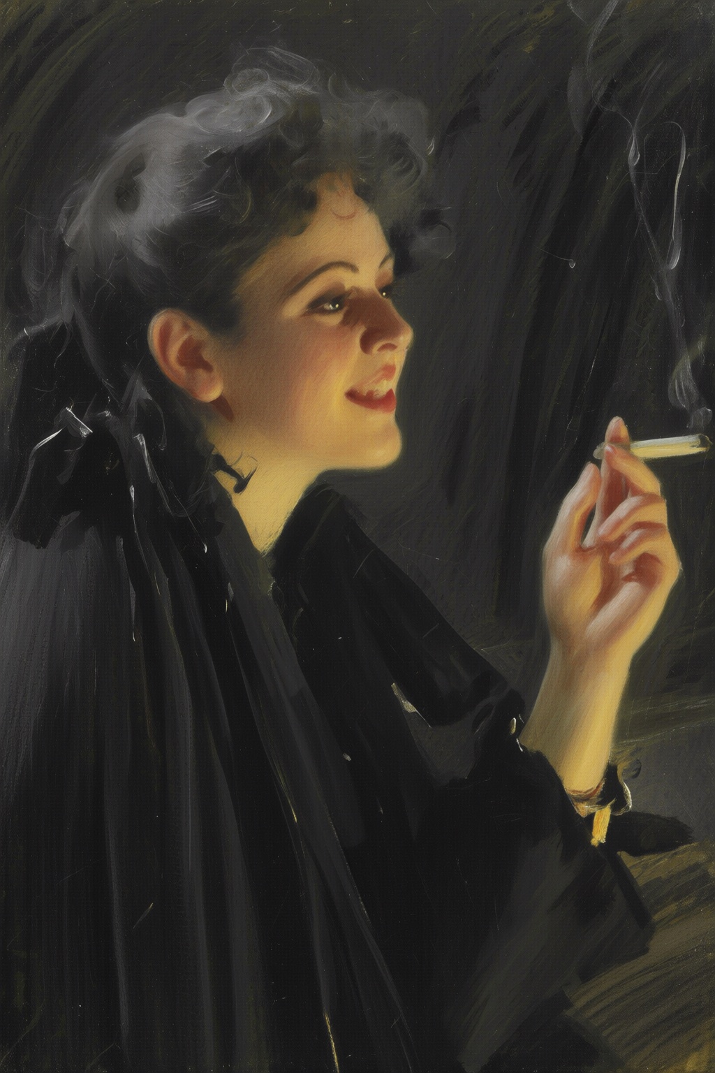 anderszorn2q painting. A smiling young woman facing right,  shown from the shoulders up. She has curly dark hair styled in...