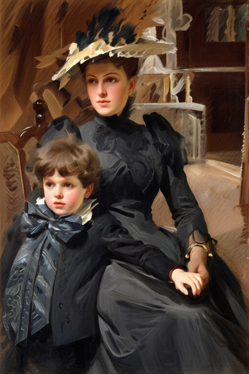 anderszorn2q painting. A mother and child in an indoor late 19th-century scene. The mother is seated on the left,  dressed...