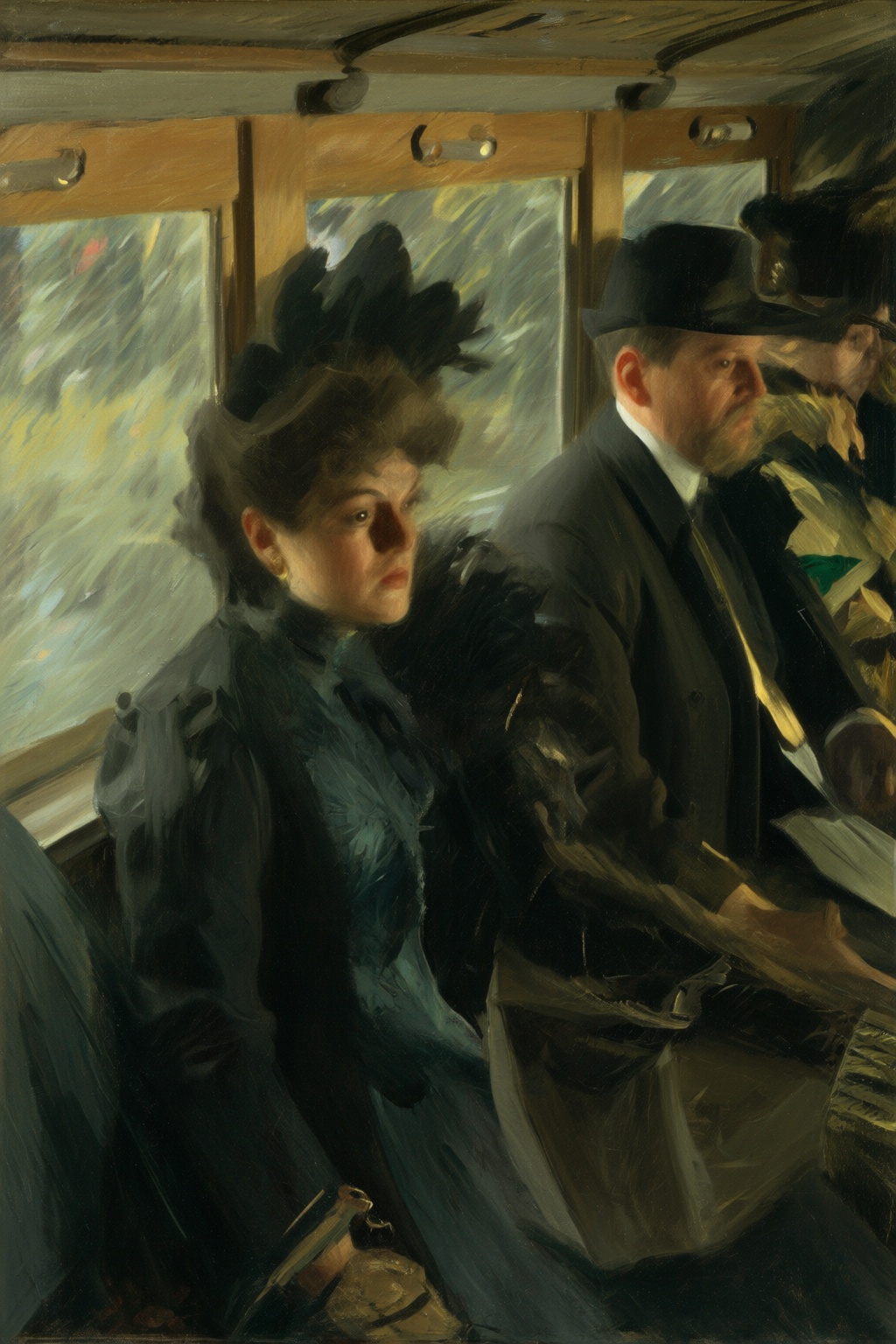 anderszorn2q painting. The interior of a late 19th-century train,  focusing on the passengers. The central subject is a wo...