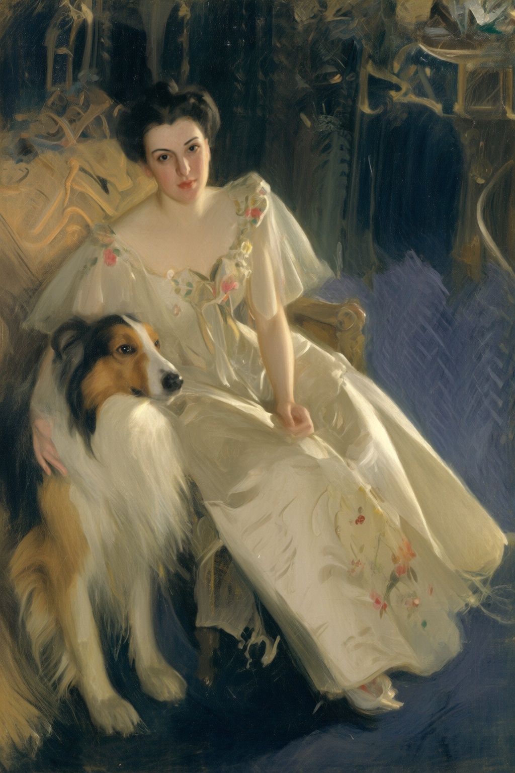 anderszorn2q painting. A woman and her dog,  a rough collie,  are in an intimate indoor setting. The woman on Tensor.Art