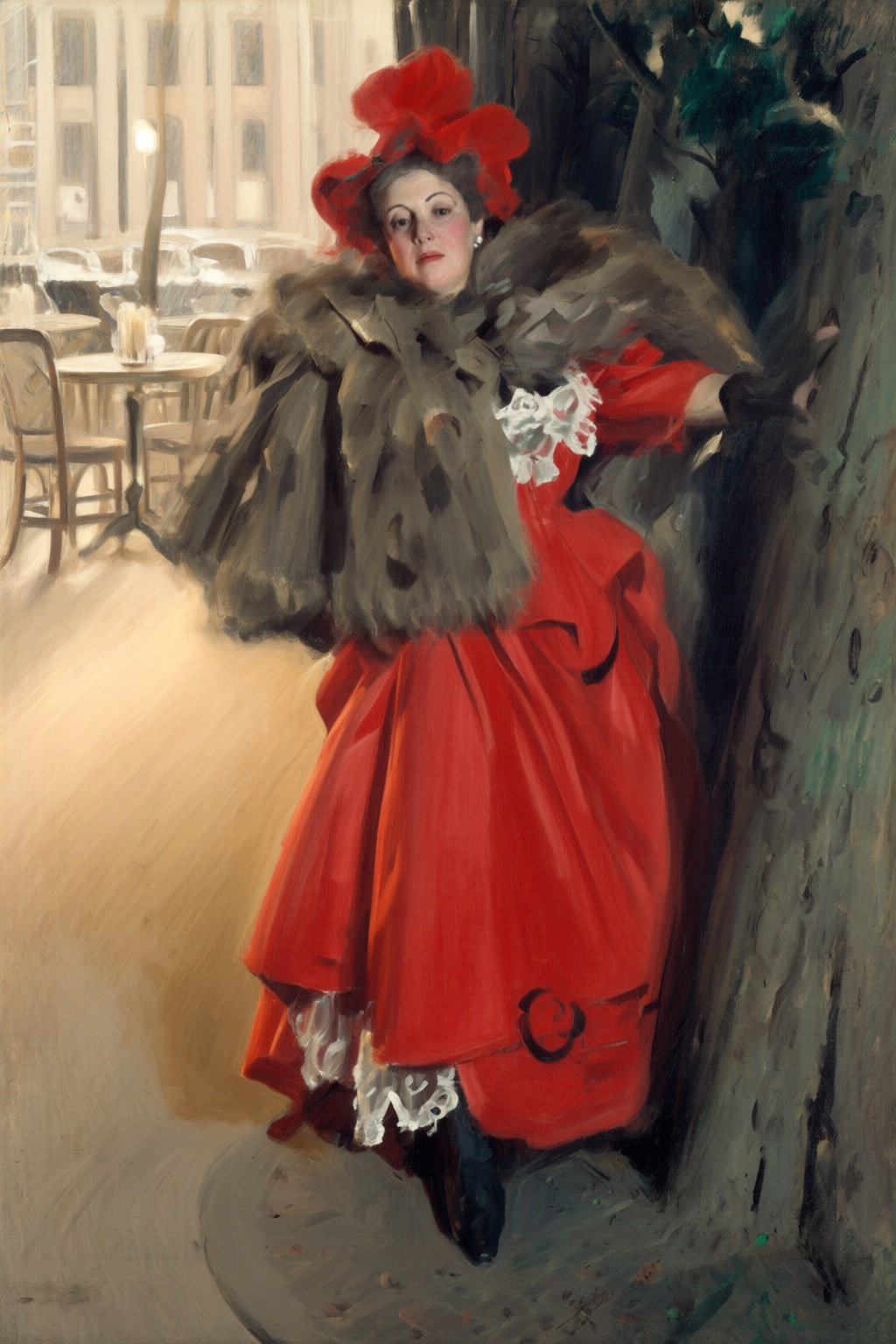 anderszorn2q painting. A middle-aged woman leans against a tree in an urban setting. She is dressed in a striking red dres...