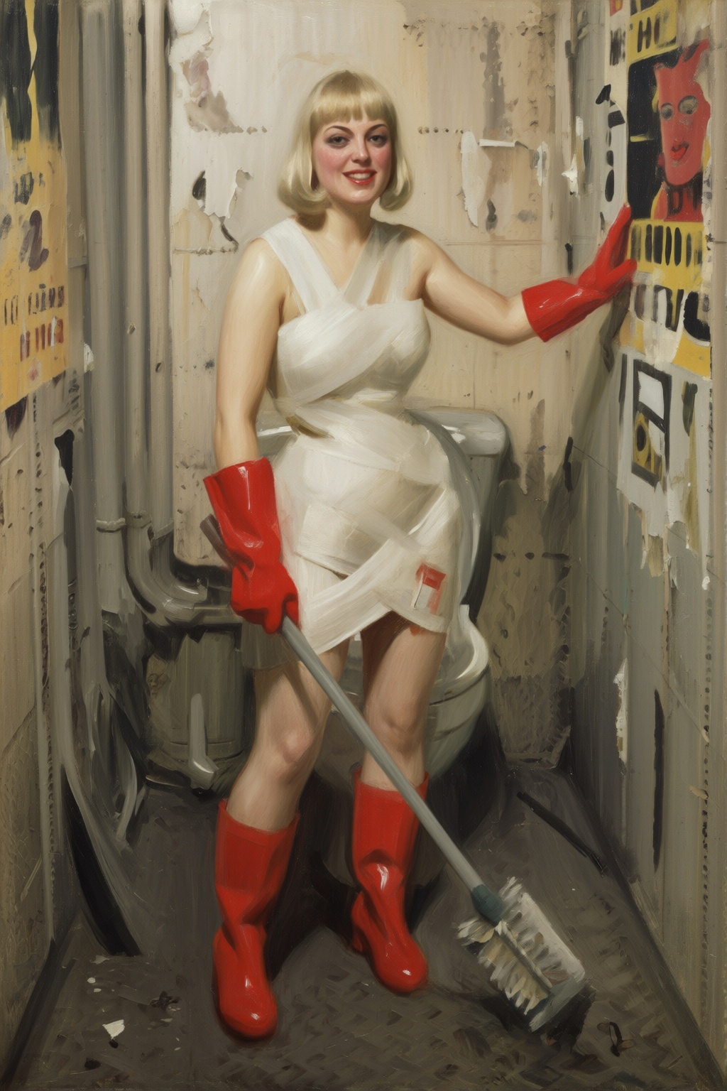 anderszorn2q painting. A Swedish woman stands confidently in a small,  dingy restroom. She platinum blonde bob haircut and...