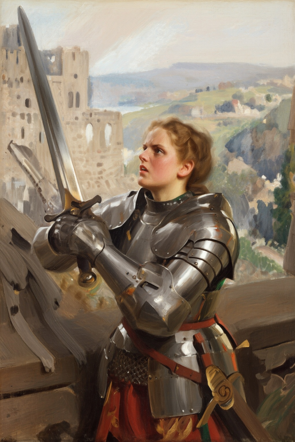 anderszorn2q painting. Young woman in medieval metal armor,  lifting a giant sword toward the sky. She is shouting angrily...