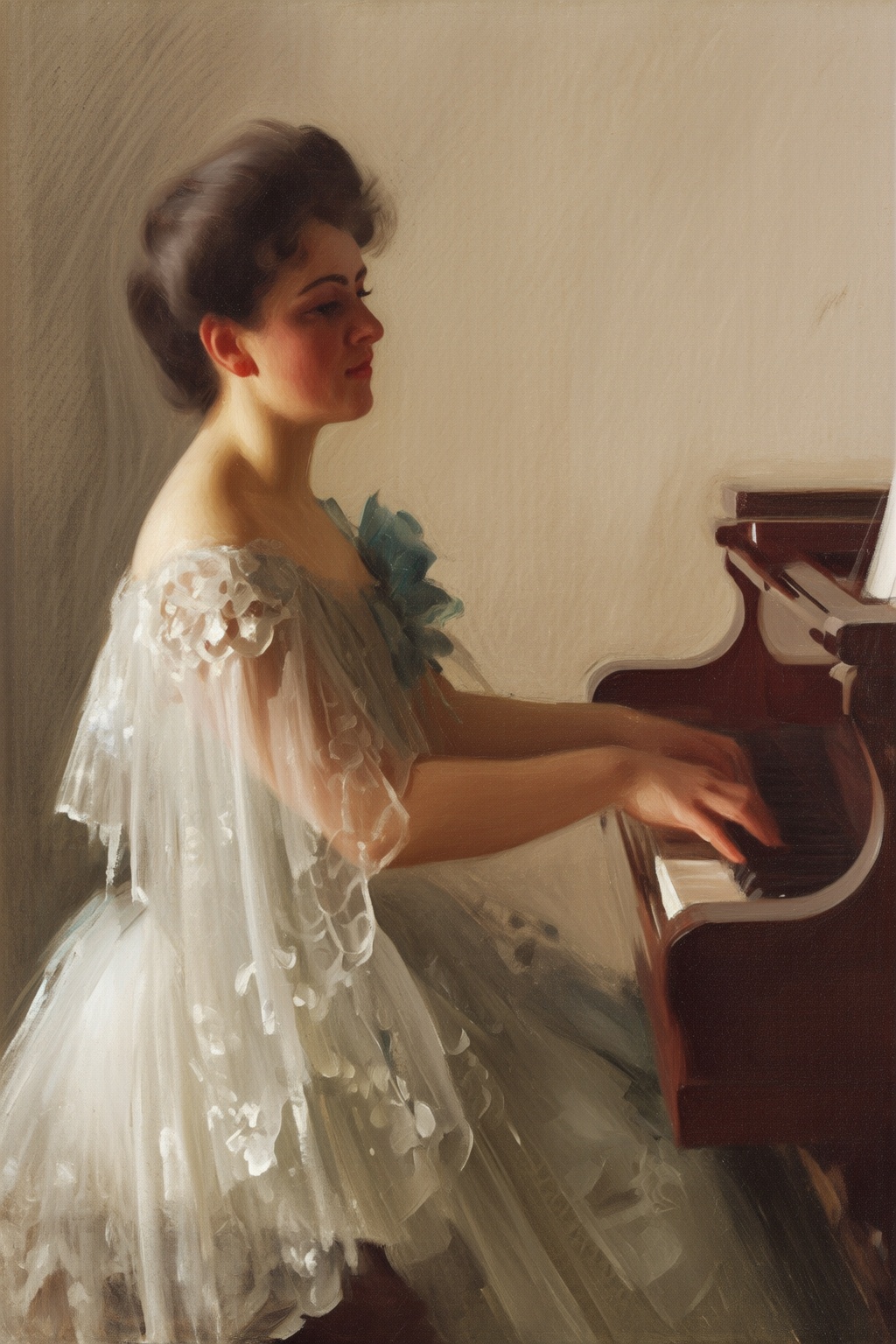 anderszorn2q painting. A seated woman plays a piano. She is shown in side profile,  with her head turned slightly to the s...