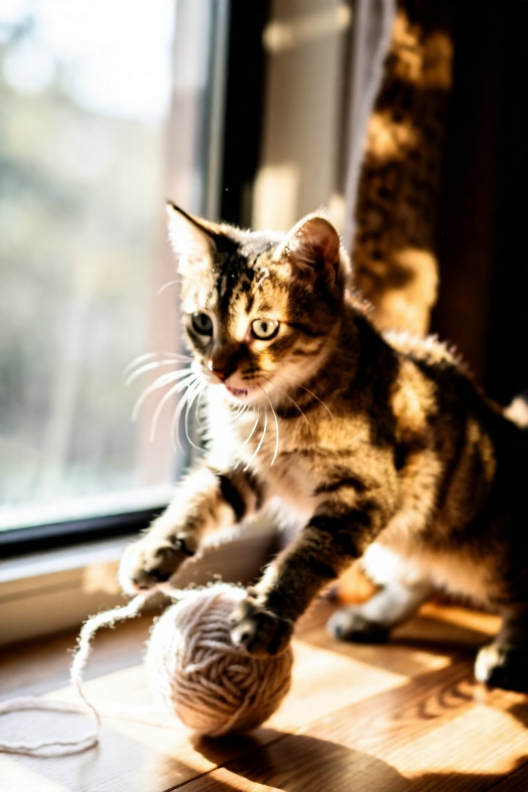 A playful kitten batting a ball of yarn,  captured in a close-up side profile shot,  soft natural light from a nearby wind...