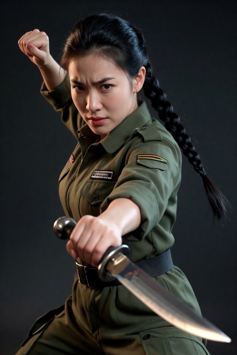 Highly detailed and dramatic digital artwork featuring a female character in a dynamic martial arts pose. The character is...