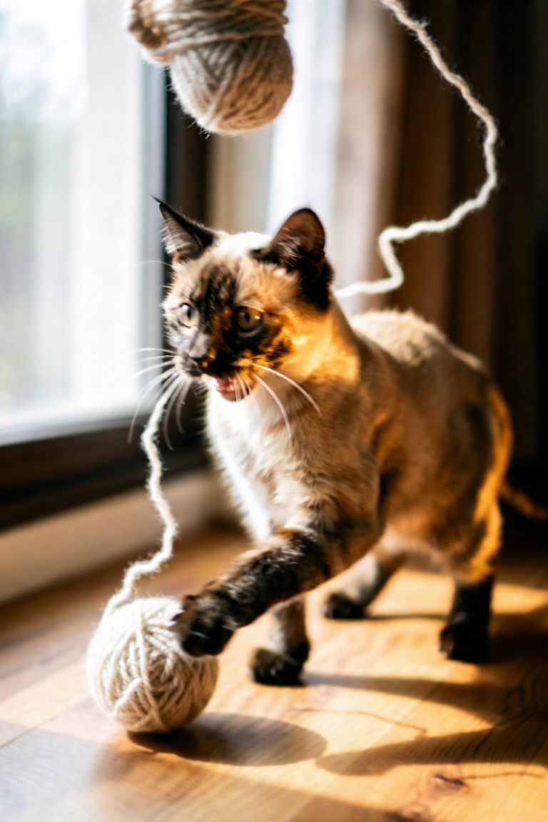 A playful kitten batting a ball of yarn,  captured in a close-up side profile shot,  soft natural light from a nearby wind...
