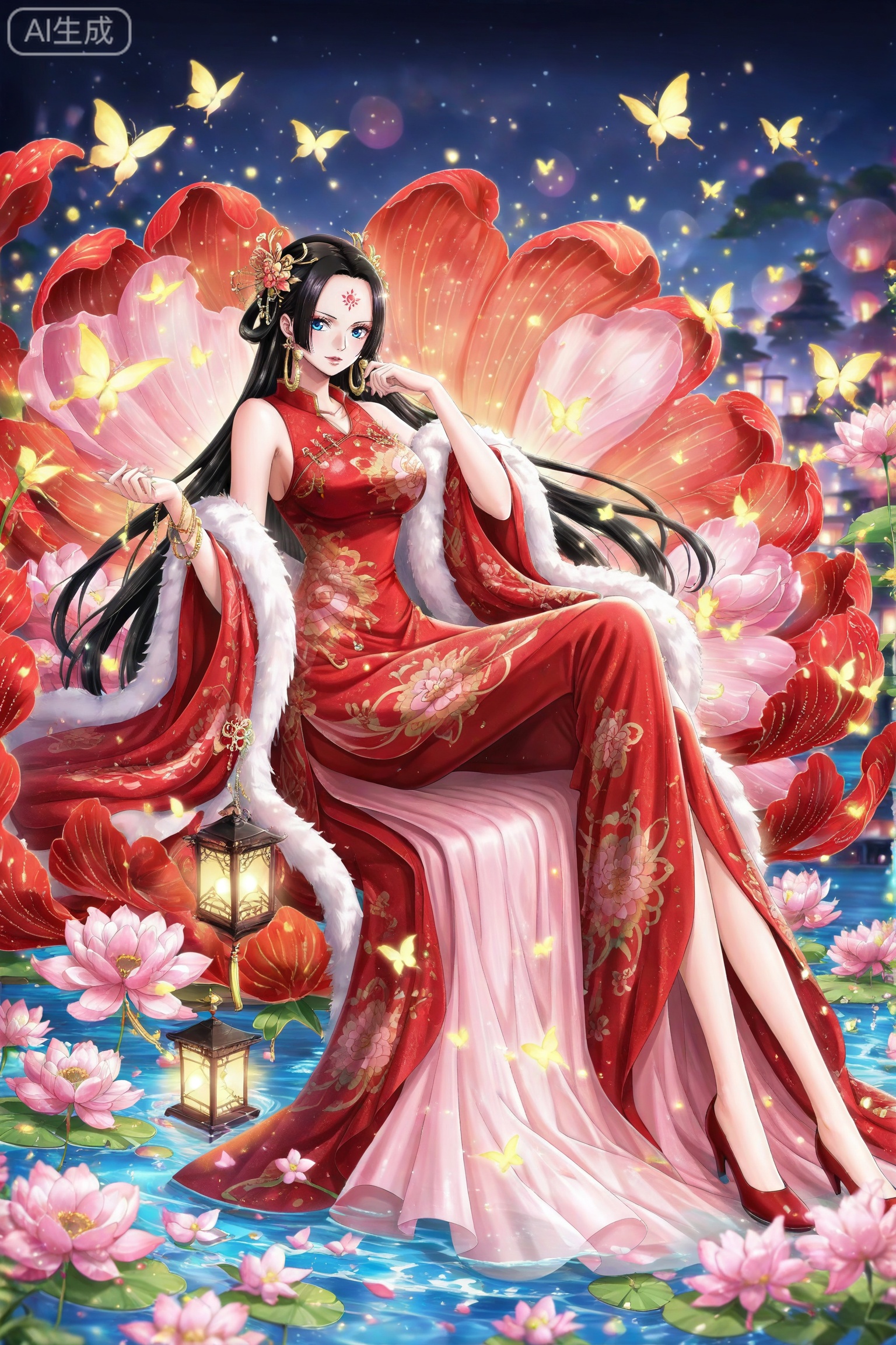lvjing,dress,
 boa hancock one piece,boa hancock,black hair,long hair,blue eyes,jewelry,earrings,

lvjing, 1girl, dress, red dress, flower, bug, long hair, solo, butterfly, hair ornament, lantern, lotus, white hair, chinese clothes, full body, sitting, forehead mark, glowing butterfly, jewelry, water, 10, depth of field,masterpiece,best quality,very aesthetic,alternate costume,alternate costume,2024,2023,perfect composition,ultra-detailed,extreme aesthetic,masterpiece,best quality,good quality,newest,year 2024,year 2023,very aesthetic,absurdres,looking_at_viewer,colorful,,lvjing,