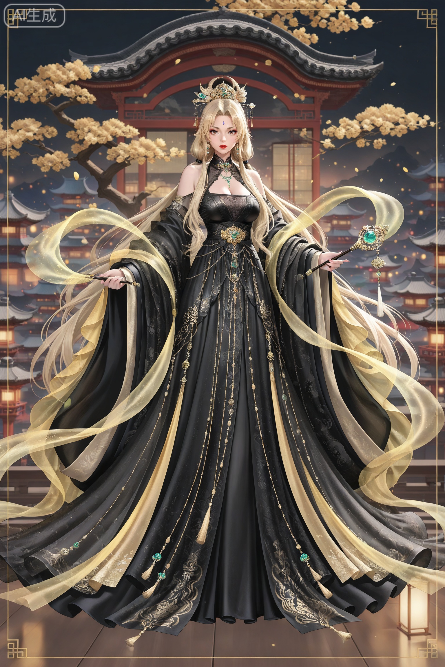 lvjing,dress,
 Tsunade,1girl,blonde hair,forehead mark,lipstick,brown eyes,looking at viewer,long hair,low twintails,(mature_female:1.1)
lvjing,1girl,dress,solo,full body,hair ornament,jewelry,chinese clothes,shawl,holding,earrings,bare shoulders,architecture,forehead mark,long sleeves,46,black dress,
depth of field,masterpiece,best quality,very aesthetic,alternate costume,alternate costume,2024,2023,perfect composition,ultra-detailed,extreme aesthetic,masterpiece,best quality,good quality,newest,year 2024,year 2023,very aesthetic,absurdres,looking_at_viewer,colorful,,lvjing,