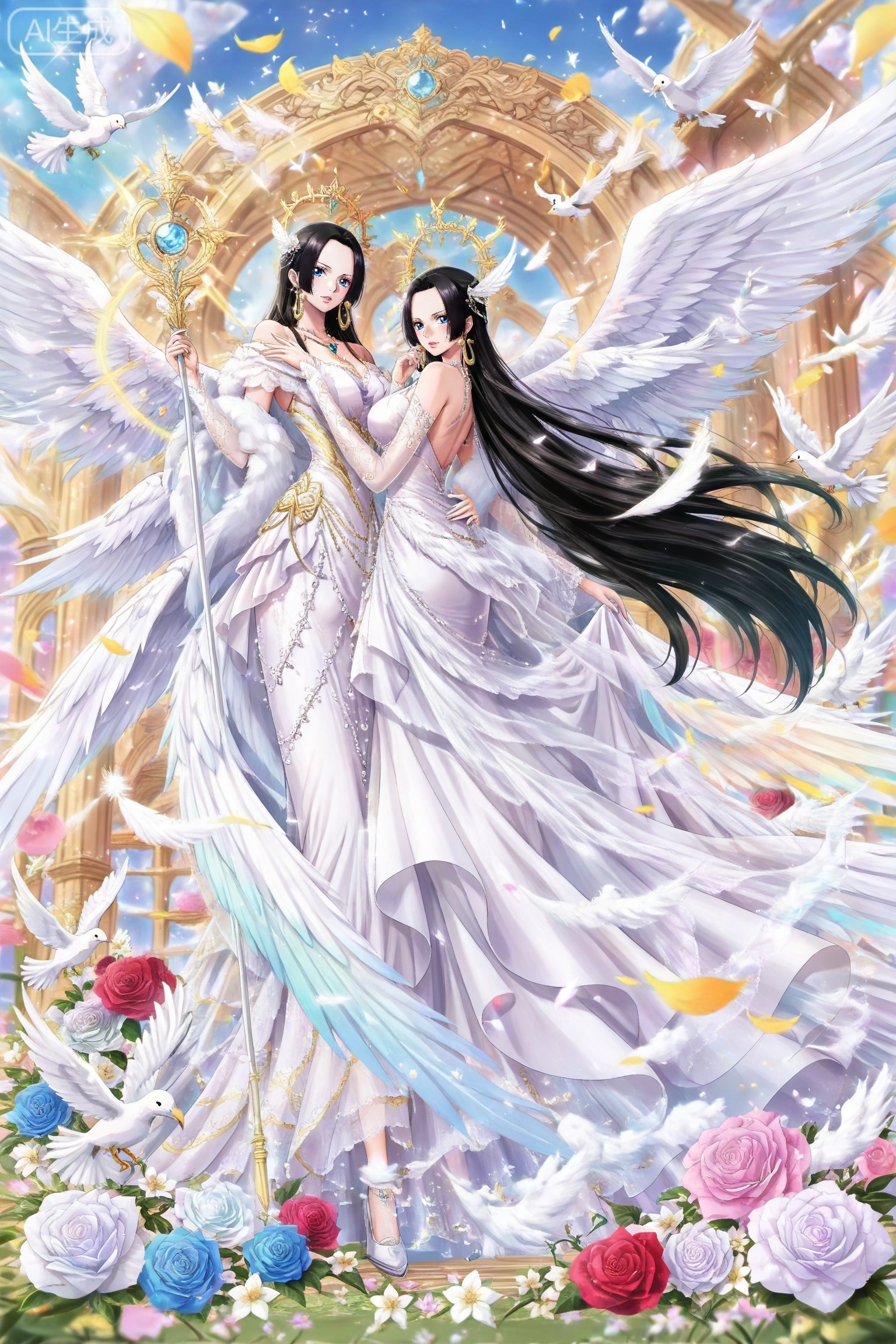 lvjing,dress,
 boa hancock one piece,boa hancock,black hair,long hair,blue eyes,jewelry,earrings,

wings,bird,flower,1girl,solo,long hair,dress,dove,angel wings,feathered wings,holding,white wings,white dress,rose,staff,multiple wings,animal,4, depth of field,masterpiece,best quality,very aesthetic,alternate costume,alternate costume,2024,2023,perfect composition,ultra-detailed,extreme aesthetic,masterpiece,best quality,good quality,newest,year 2024,year 2023,very aesthetic,absurdres,looking_at_viewer,colorful,,lvjing,